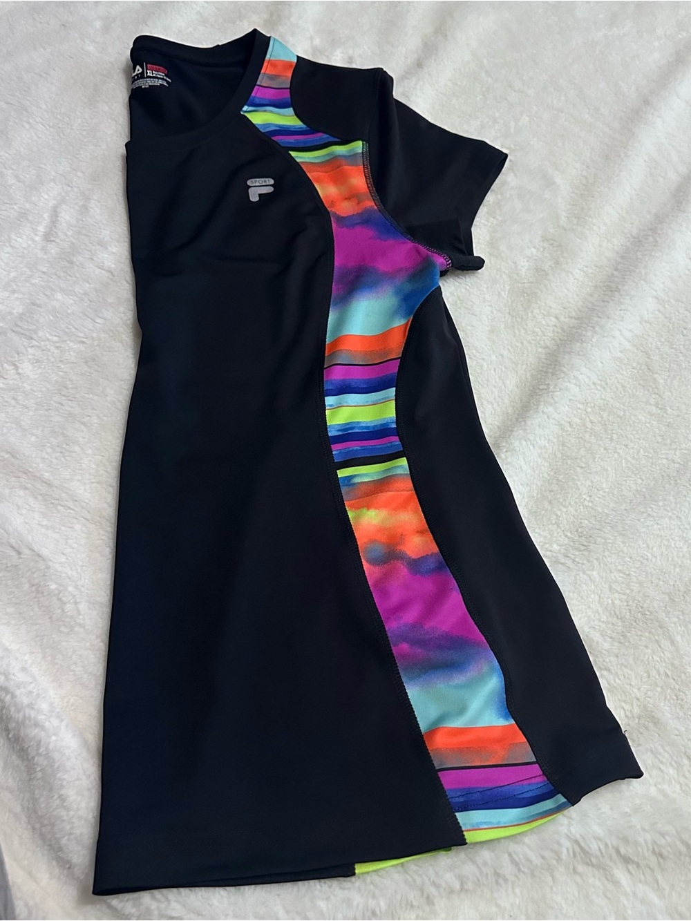Fila Women’s Black Athletic Tee with Neon Multicolor Stripe Panels - Picture 4 of 5